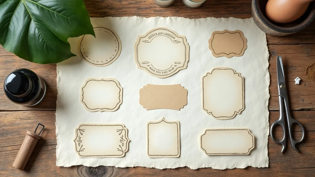 DIY printable apothecary labels on textured paper, with vintage scissors and ink bottle, ready to be applied to glass jars