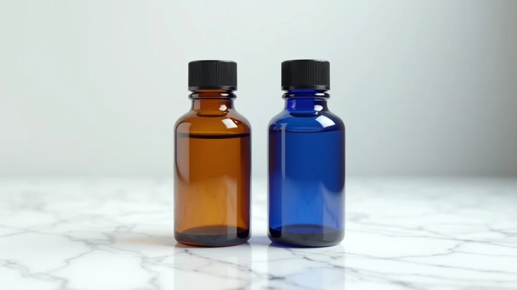 Detailed side-by-side of amber and cobalt glass essential oil bottles—comparison on marble table