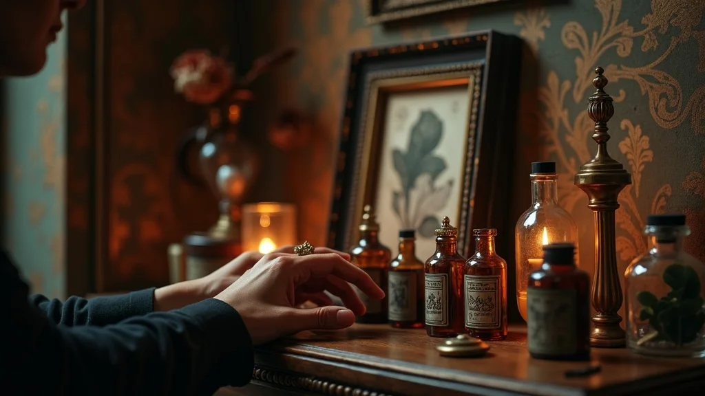 Collector arranging gothic and botanical oddities on shelf from an online oddities shop