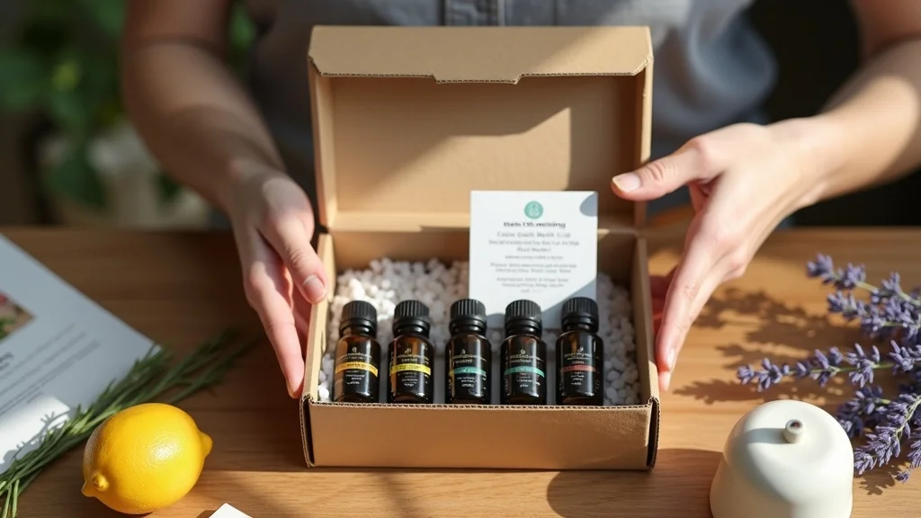 Modern essential oil starter kit unboxing, hands eagerly opening an eco-friendly box with neatly lined essential oil bottles and diffuser, surrounded by lavender and lemon—conveys the anticipation and organization of a premium starter kit.