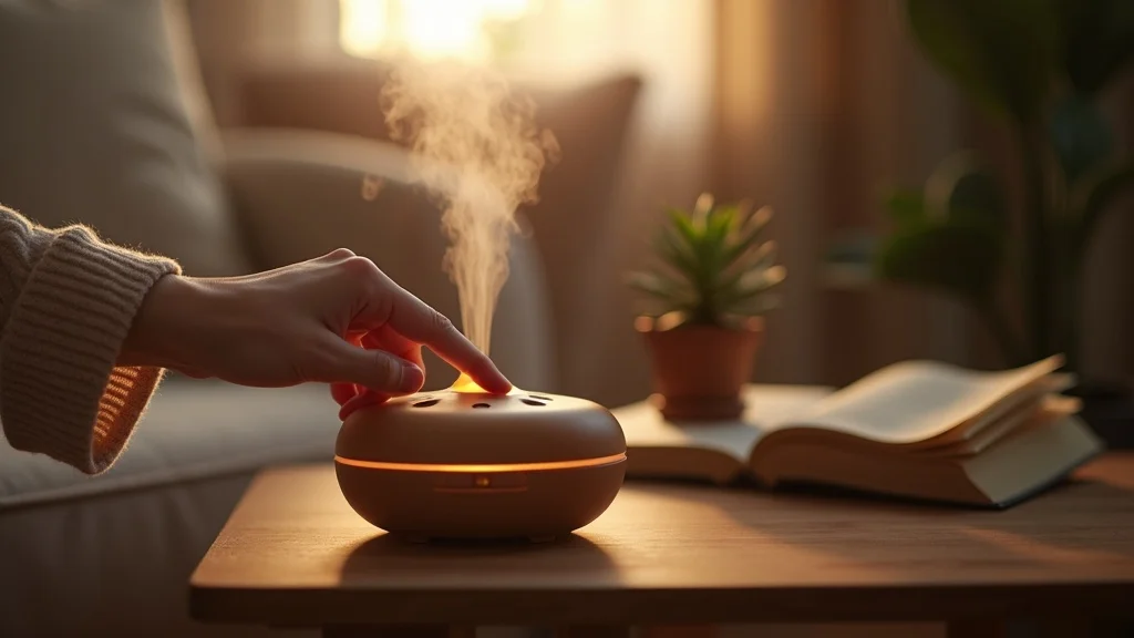 Cozy home setting with a serene essential oil diffuser in action, visible mist rising, with hand pressing diffuser button and a relaxed ambiance for home blending.