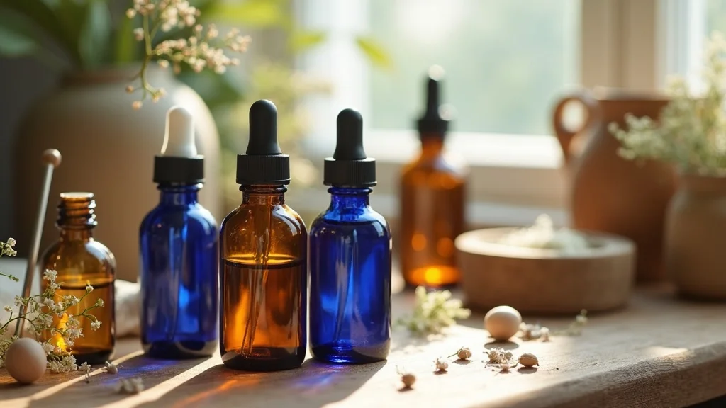 Inviting assortment of essential oil bottles — content, natural curiosity, several brown and cobalt-blue glass bottles with handwritten labels, styled as photorealistic on a clean wooden surface, surrounded by fresh botanicals and apothecary tools, featuring diffused morning light through a window, rendered with high depth of field, glass reflections, natural wood textures, realistic skin tones, emphasized with a neutral, earthy palette, under soft ambient lighting, captured as if shot with a 50mm lens.