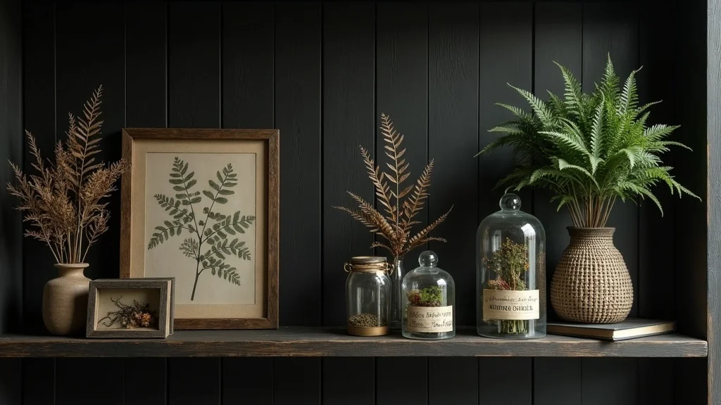 Botanical gothic shelf vignette with dried ferns, labeled glass cloches, botanical frames, pressed flowers on black wood wall shelf, earthy and deep green palette.