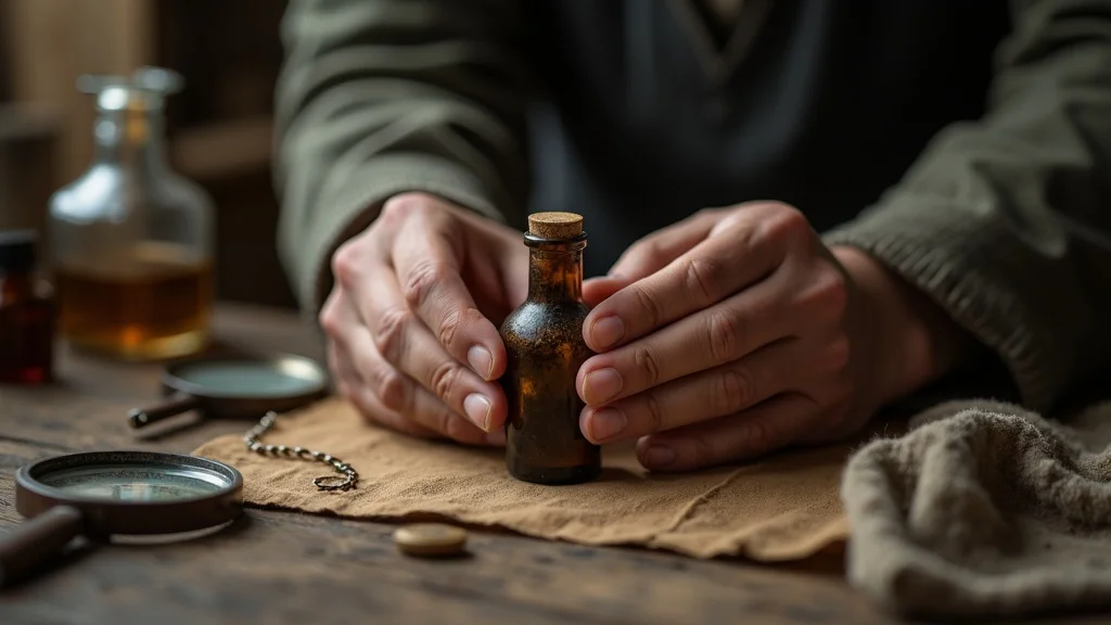 A potion bottle collector carefully examines a small vintage bottle on a rustic worktable, checking for cracks and authenticity.