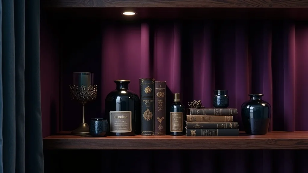 Victorian gothic shelf decor with apothecary jars, vintage books, intricate candle holder, and midnight blue glassware, neatly arranged on a mahogany shelf with velvet drape.
