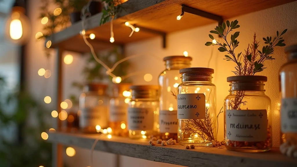 Personalized apothecary aesthetic shelf with custom labels, botanical accents, and artfully lit glass jars for unique kitchen decor