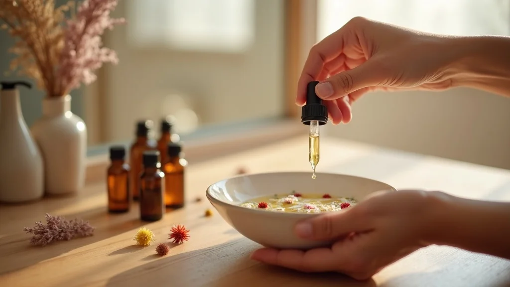 hand with oil dropper blending carrier oils and essential oils in ceramic bowl, essential oil bottles, dried botanicals