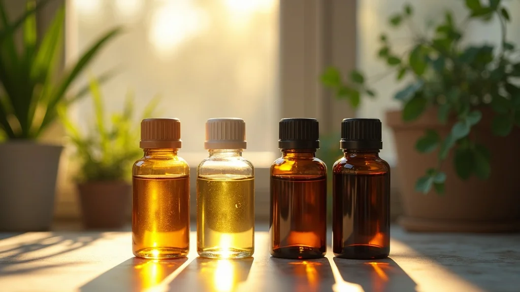 Contrasting essential oil storage — informative, visual comparison, one set of clear glass bottles in bright sunlight versus dark glass bottles in a shaded box, styled as photorealistic, split-scene on a countertop with visible sun rays on one side, featuring dynamic shadow play, slight edge-of-bottle condensation, and natural greenery, rendered with crisp detail, high contrast, saturated cool and warm hues, under strong directional window light and deep shade, captured as if shot with a 35mm lens.
