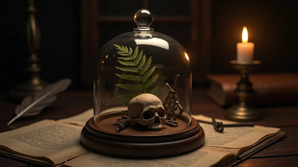Moody dark academia cloche display with old keys, small skull, and pressed fern beneath a clear glass dome on a deep wooden writing desk