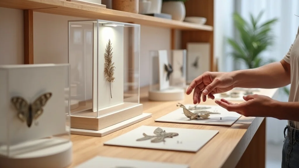 Modern specimen shelving—person evaluating frame, dome, shadowbox, and display case options