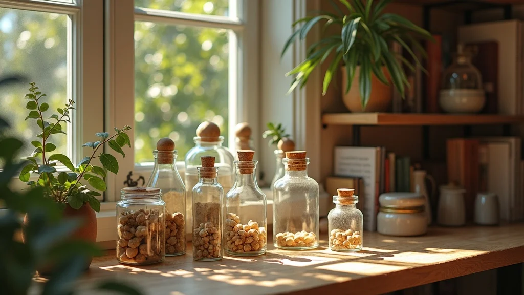 Inviting apothecary shelf with a curated collection of vintage glass jars and natural curiosities in a sunlit reading nook for apothecary decor