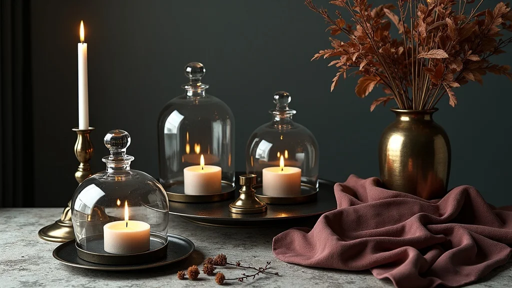 Elegant flat lay of gothic home decor shopping checklist featuring glass apothecary jars, metal candleholders, botanical cloches, and velvet, styled on a stone tabletop with moody lighting.
