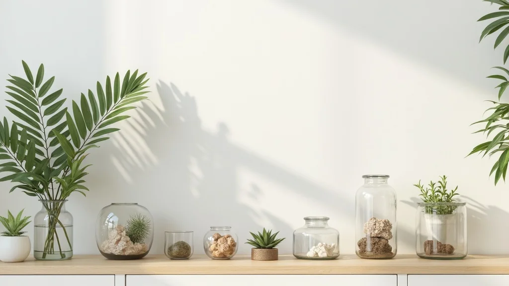 Botanical-inspired curio shelf with pressed plants, mineral clusters, and artful jars in a bright home office, styled for curiosity