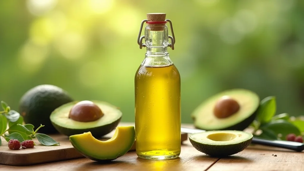 avocado oil for essential oils, close-up of avocado slices and golden oil bottle on kitchen table, green leaves, indirect daylight