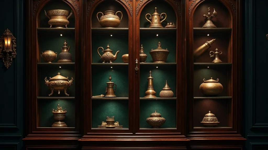 Dramatic curiosity cabinet lighting with mixed textures, highlighting bold moody objects using accent and ambient illumination.