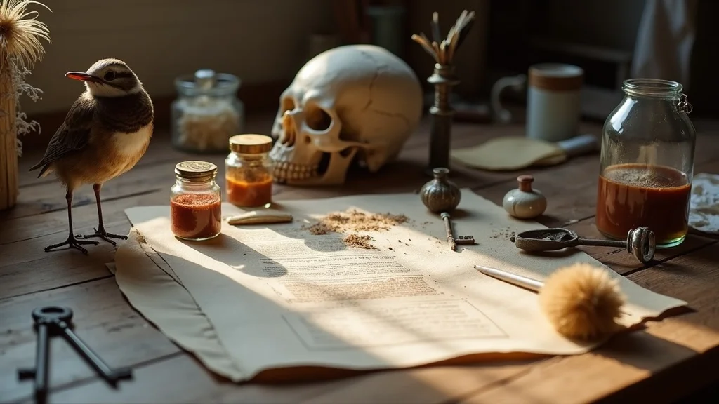 Organized oddities care reference table: taxidermy bird, jars, skull, key, archival paper, with tools for dusting and gloves, conservator’s workspace, dust motes in sunlight