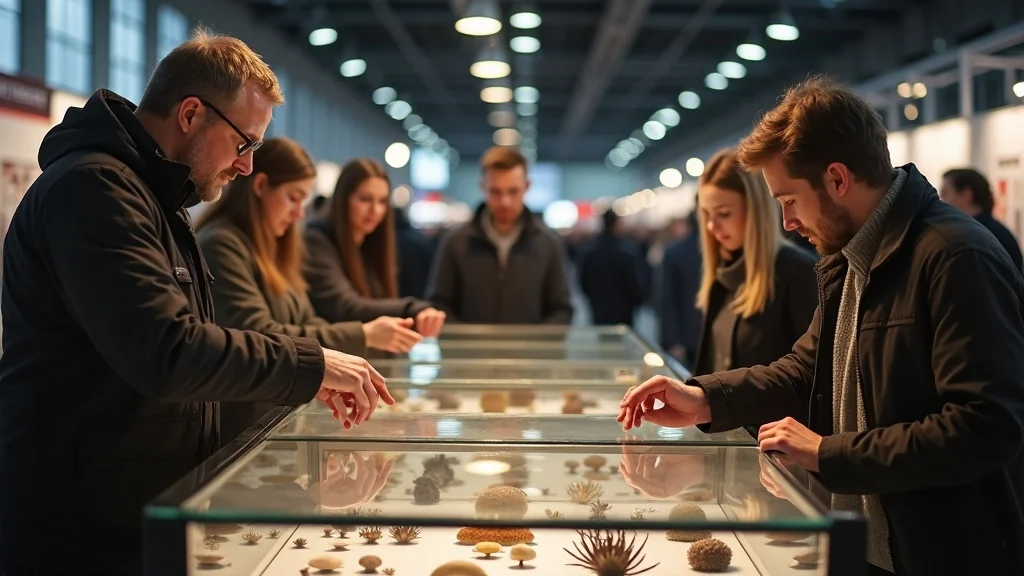 Real oddities at an expo booth with curious attendees and vendors discussing items behind glass, photorealistic. oddities and curiosities expo
