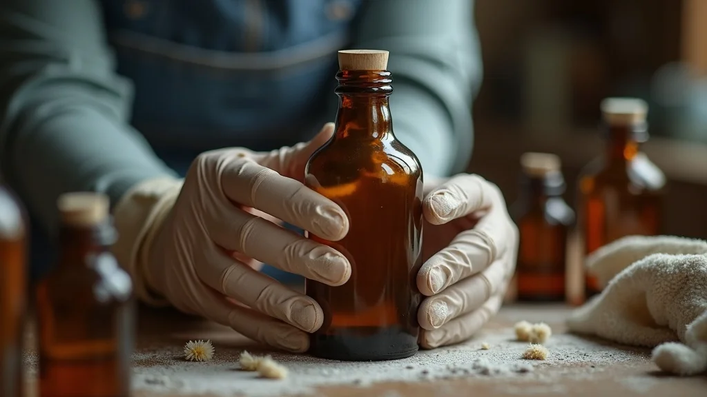 Gentle hands with gloves cleaning an antique apothecary bottle, demonstrating safe care and maintenance for glass jars in authentic apothecary aesthetic kitchen decor