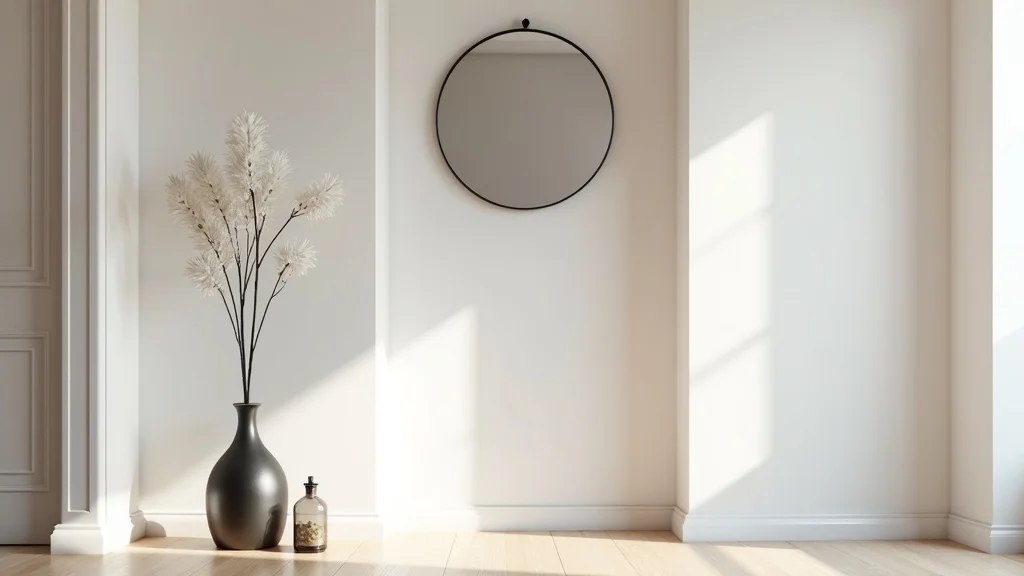 Minimalist entryway with modern gothic mirror, dark metallic vase, glass apothecary jar, clean lines, and natural light.
