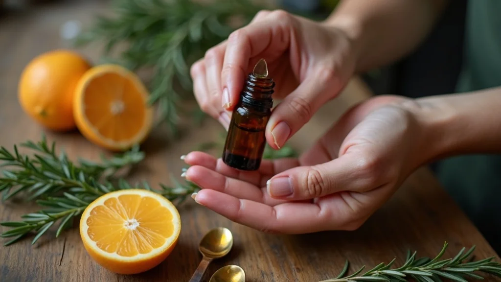 Hands carefully blending drops of essential oils into an amber bottle — safe DIY diffuser and topical blends