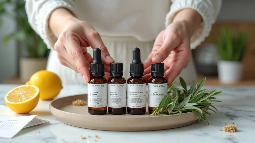 Pristine essential oil blends with custom labels; hands placing labeled rollers and dropper bottles in a tray, fresh lemon and eucalyptus, waterproof essential oil labels, and recipe cards displayed