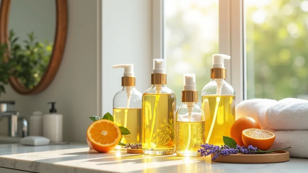 Essential oil dilution chart glass bottles for body oils and room sprays, with citrus, herbs, and lavender on marble counter
