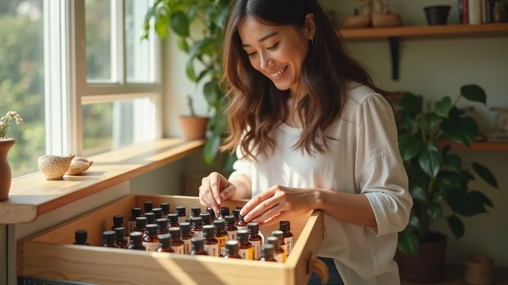 Modern essential oil storage system with organized labeled oil bottles in a wooden drawer insert, content woman arranging oils in a cozy home apothecary; color-coded essential oil labels for easy organization