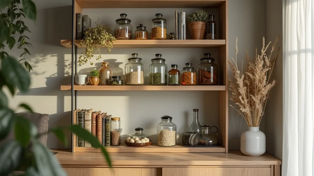 Inviting modern home interior with open shelving and apothecary jars styled for apothecary aesthetic kitchen decor