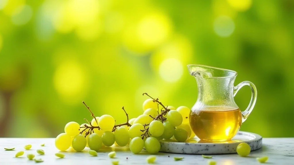 grapeseed oil for essential oils, green grapes, grape seeds, glass pitcher of oil, marble tray, grapevine, cool green and gold tones