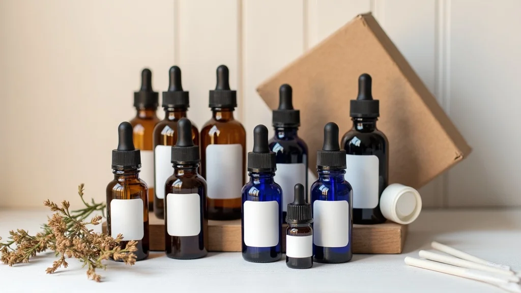 Modern starter kit of amber and cobalt apothecary essential oil bottles with droppers and orifice reducers in gift box