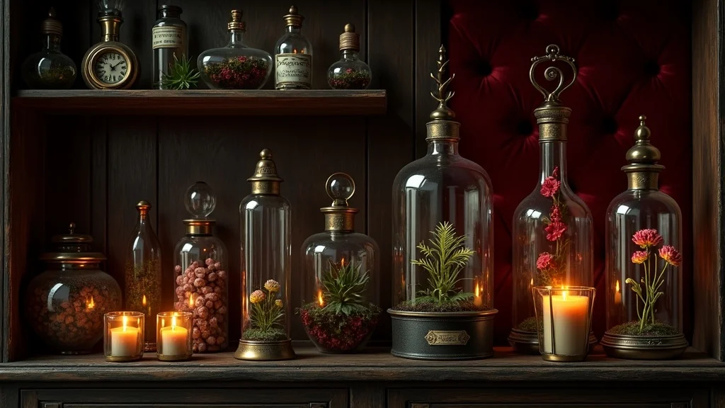 Moody apothecary aesthetic shelf with gothic bottles, botanical cloches, and victorian medical accents, styled for dramatic kitchen decor