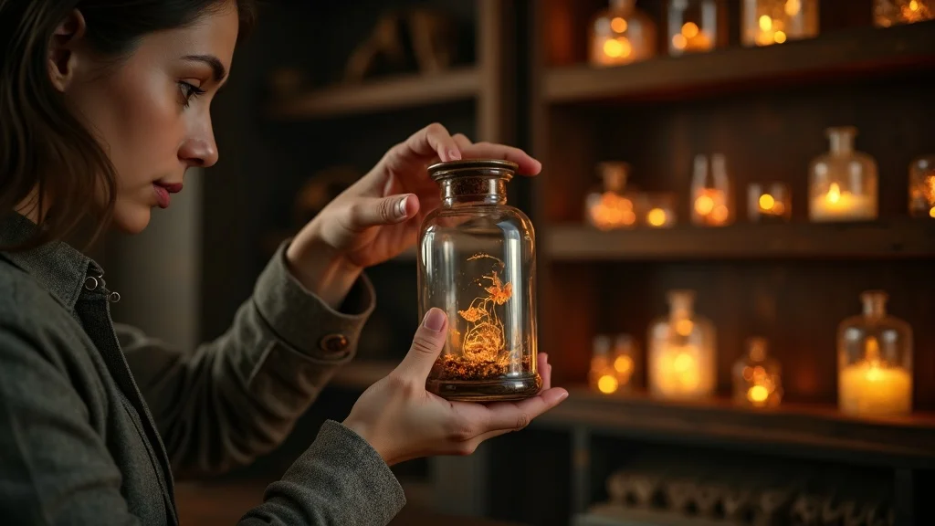 Collector arranging specimen jar in an online oddities shop with vintage shelves and glowing bottles