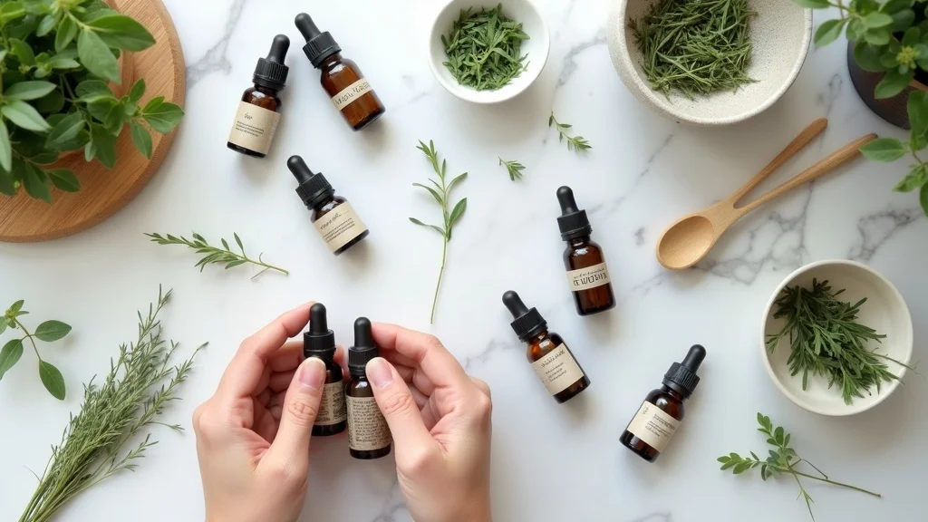 Aesthetic flat-lay of essential oil bottles and blending tools neatly arranged on a marble countertop with labeled dropper bottles, fresh herbs, wooden tray, and ceramic bowls for home blending.