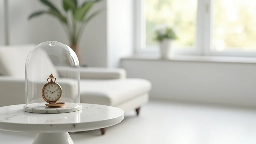 Minimalist cloche dome display on marble table with antique pocket watch and simple archival label in bright living room setting