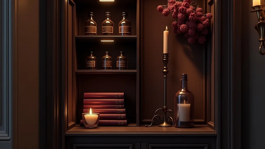 Curated gothic cabinet vignette with neatly-styled shelves, rows of gothic bottles, velvet-bound books, single candlestick, warm reflections, plum and bronze palette.