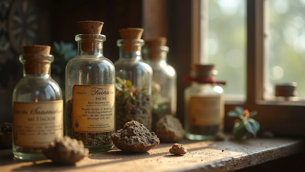 Close-up of antique jars and vintage oddities displayed in a cabinet of curiosities, showing glass bottles, minerals, and handwritten labels under warm lighting