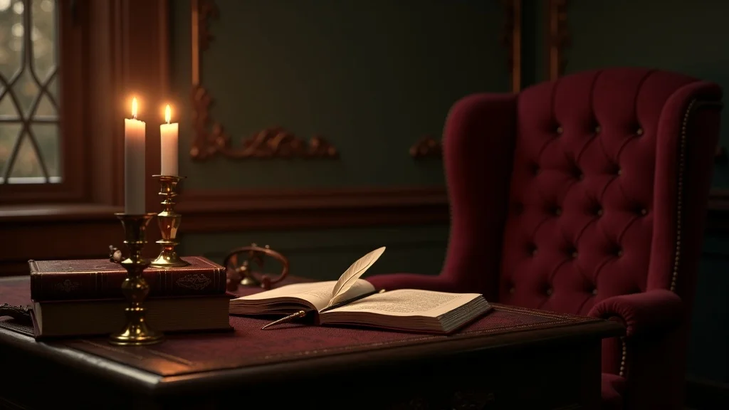 Elegant Victorian study with authentic gothic decor, candlelit writing desk, quill pen, brass candlestick, velvet chair, and intricate wallpaper in warm candlelight.