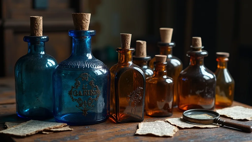 Dramatic grouping of rare antique cobalt blue poison bottles, amber Victorian jars, and hand-embossed pharmacist bottles, with old labels and magnifying glass on a walnut table.
