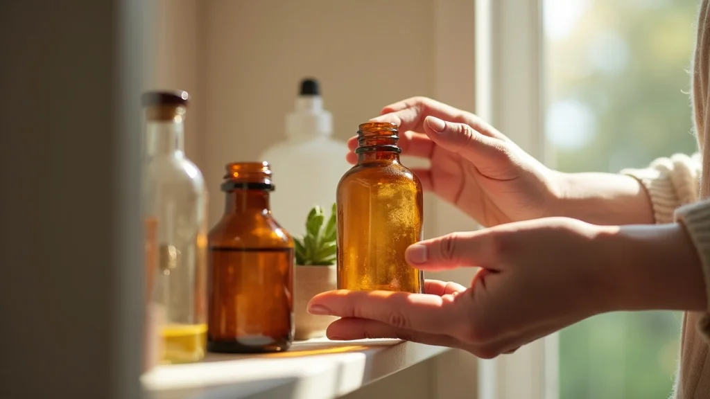 Careful hands placing a vintage apothecary bottle on a shelf in a bright, soft-lit home, showing the delicacy of aged glass.