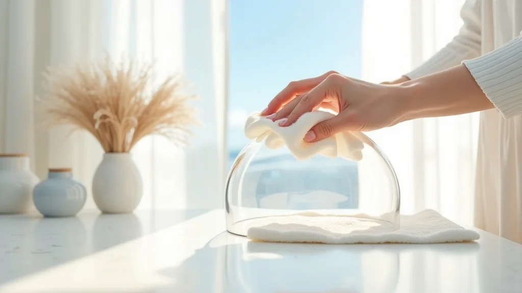 Bright white workspace with hands polishing a glass dome on a microfiber pad in natural daylight — glass cloche cleaning care