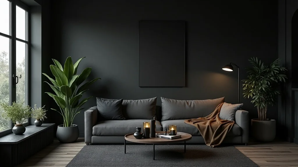 Moody modern living room with gothic decor accents, featuring a dark shelf, black candleholders, vintage glass jars, tarot card, and lush houseplants in a serene modern setting with bokeh and soft natural light.