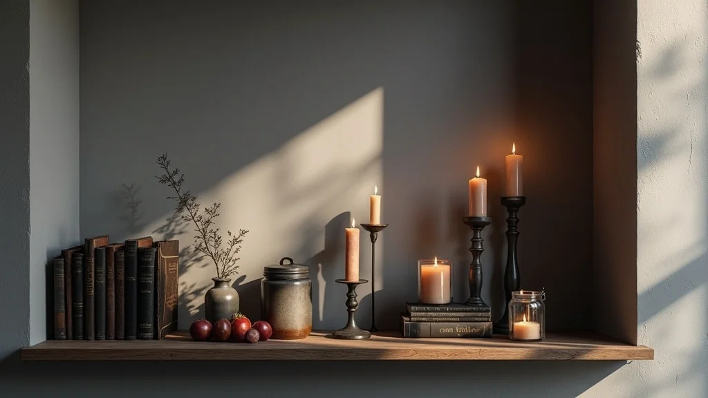 Inviting shelf styled with modern gothic jars, candlesticks, botanical cloche, antique books, dramatic shadows, and glimmering candlelight in a cozy alcove.