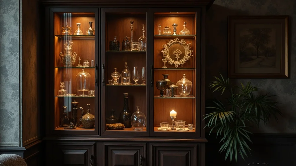 Modern curiosity cabinet lighting with glass, metal, and moody collectibles illuminated in a cozy corner, showcasing cabinet lighting for glass shelves.