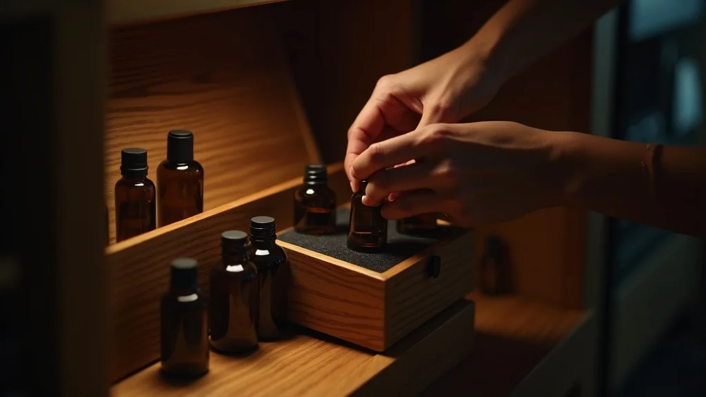 Serene workspace showing essential oil bottles stored in a cool, dark wooden box, highlighting proper storage for potency and safety in home blending routines.