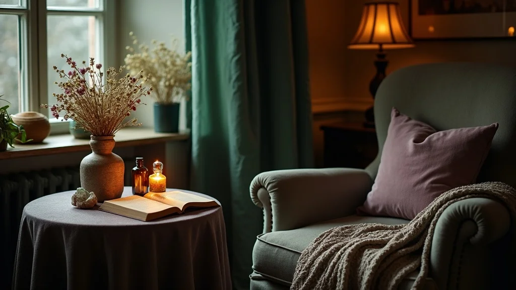 Cozy reading nook with witchy decor: altar cloth, small bottles, dried flowers, and crystals in a plush, softly lit home corner
