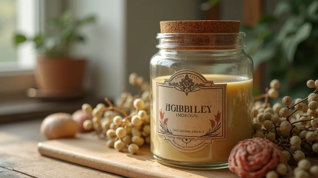 Modern apothecary jar close-up on a wooden surface with vintage-style label for apothecary decor