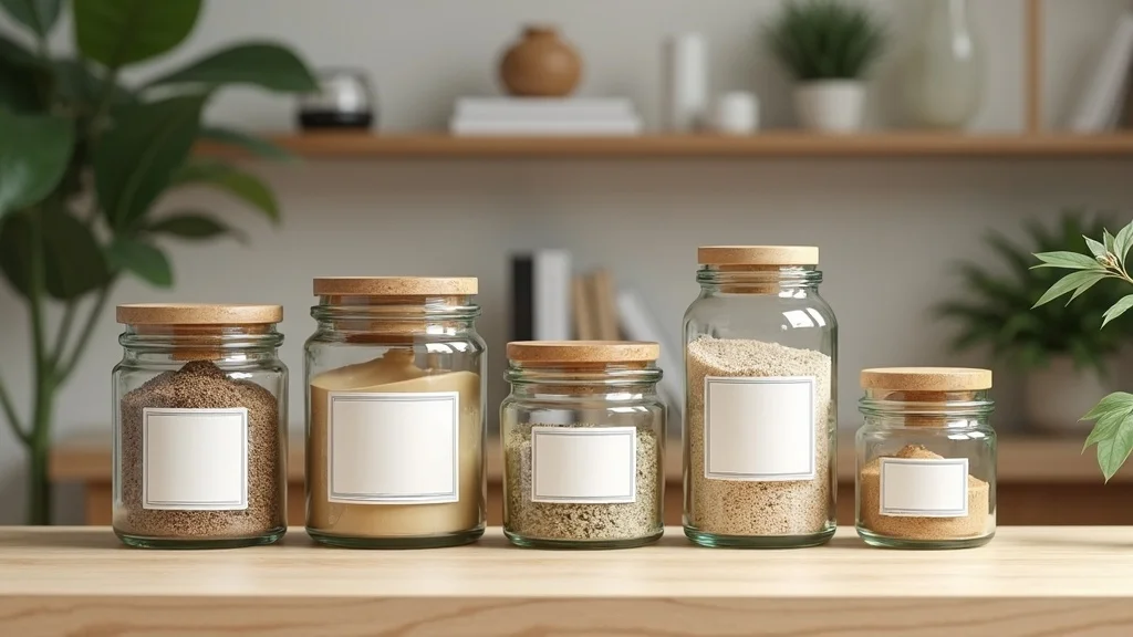 Starter apothecary jar set with coordinated printable jar labels, displayed on a tidy shelf in a modern living room with plants and books