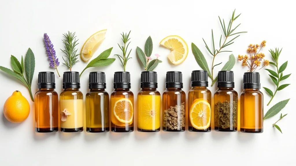 Vibrant flat lay of 10 essential oil bottles with botanical ingredients for an essential oils starter kit, neatly arranged for a harmonious modern apothecary look.