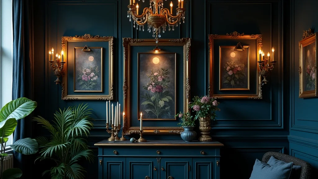 Lush gothic gallery wall with ornate gold frames, dark floral prints, antique brass sconces, and a skeletal botanical sculpture in a cozy Victorian-inspired apartment.