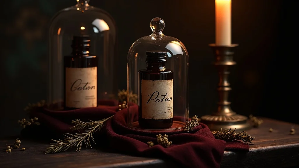 Modern gothic potion bottle vignette with handwritten labels under a glass cloche, velvet and brass props, and dried herbs.